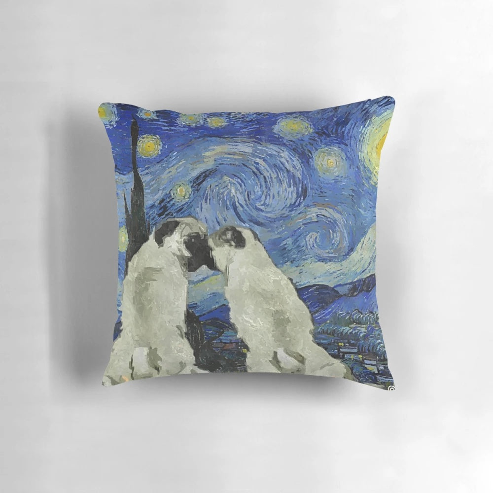 A stylish pug pillow with a Starry Night design inspired by the iconic painting of Vincent van Gogh