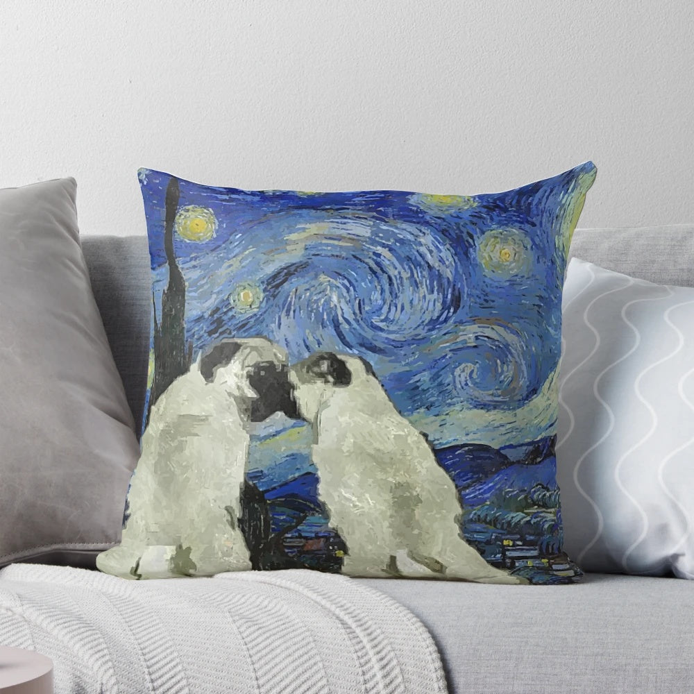 A stylish pug pillow with a Starry Night design inspired by the iconic painting of Vincent van Gogh
