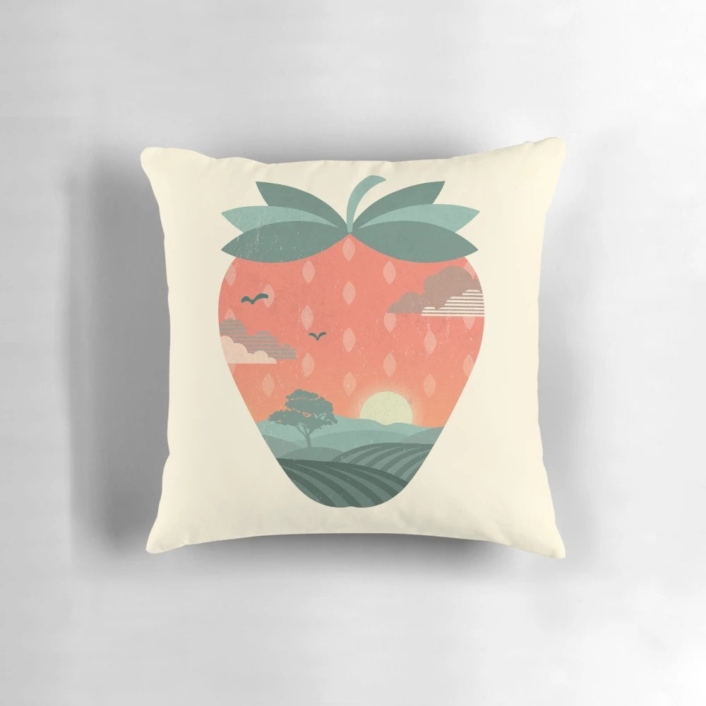 Plush strawberry-patterned pillow with a vibrant floral and nature-inspired design