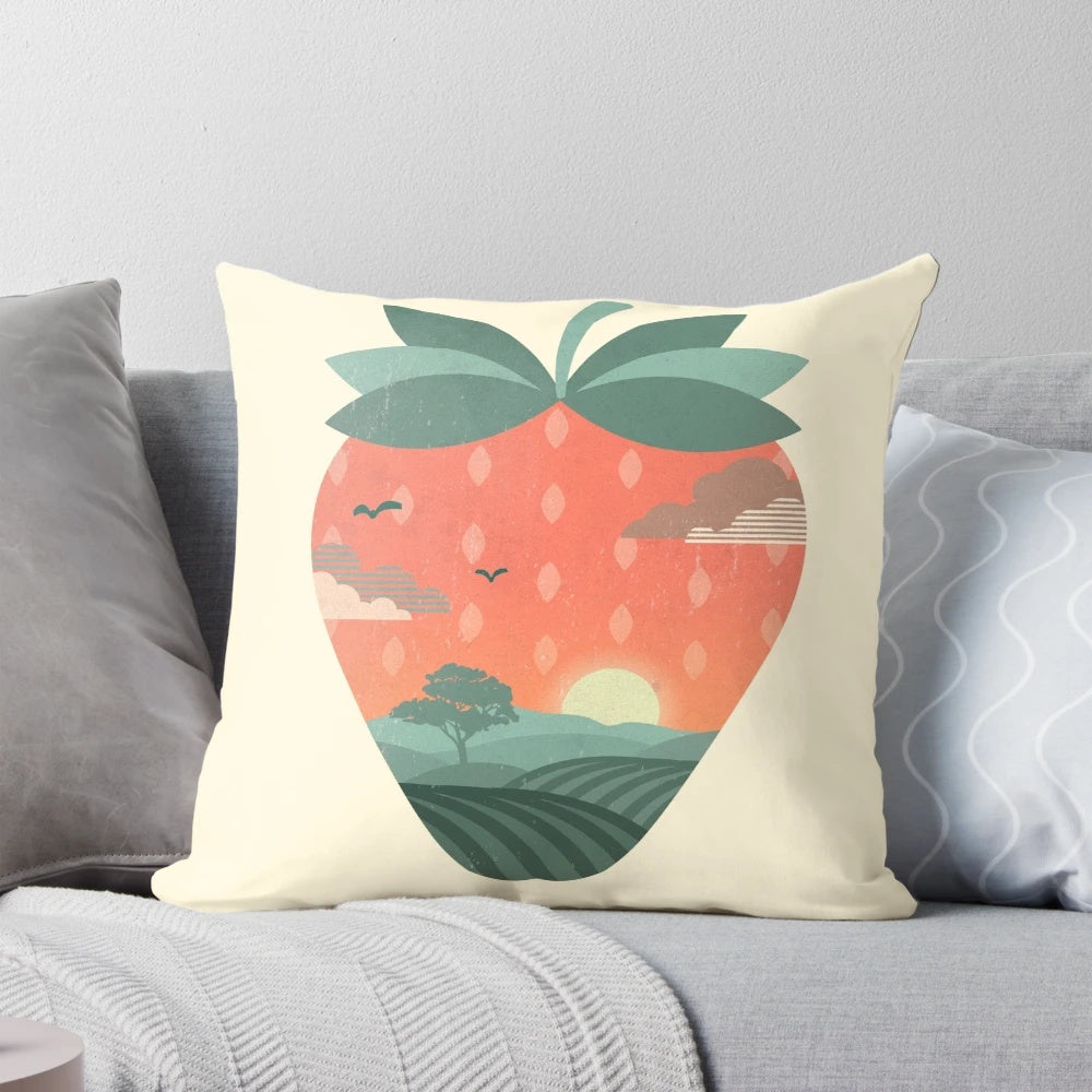 Plush strawberry-patterned pillow with a vibrant floral and nature-inspired design