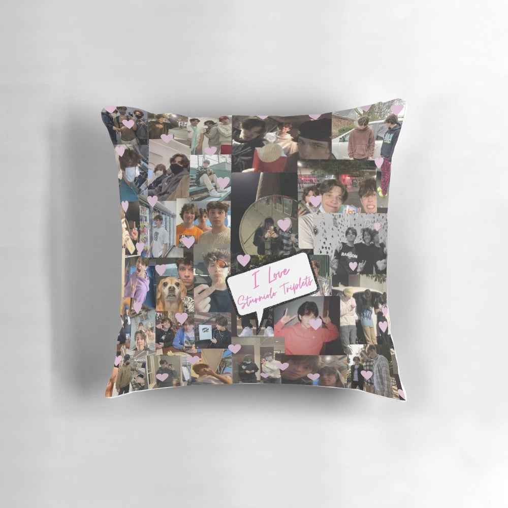 Decorative pillow featuring a collage design of the Sturniolo triplets, with hearts and a vibrant, eye-catching pattern.