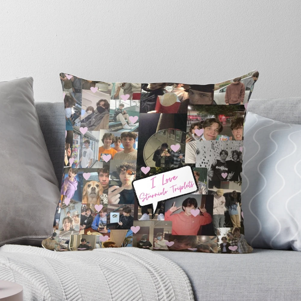 Decorative pillow featuring a collage design of the Sturniolo triplets, with hearts and a vibrant, eye-catching pattern.