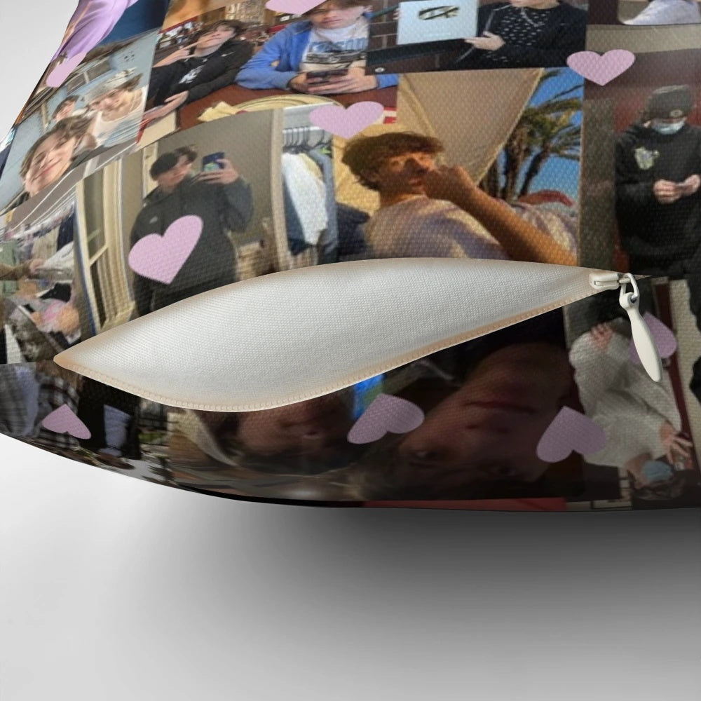 Decorative pillow featuring a collage design of the Sturniolo triplets, with hearts and a vibrant, eye-catching pattern.