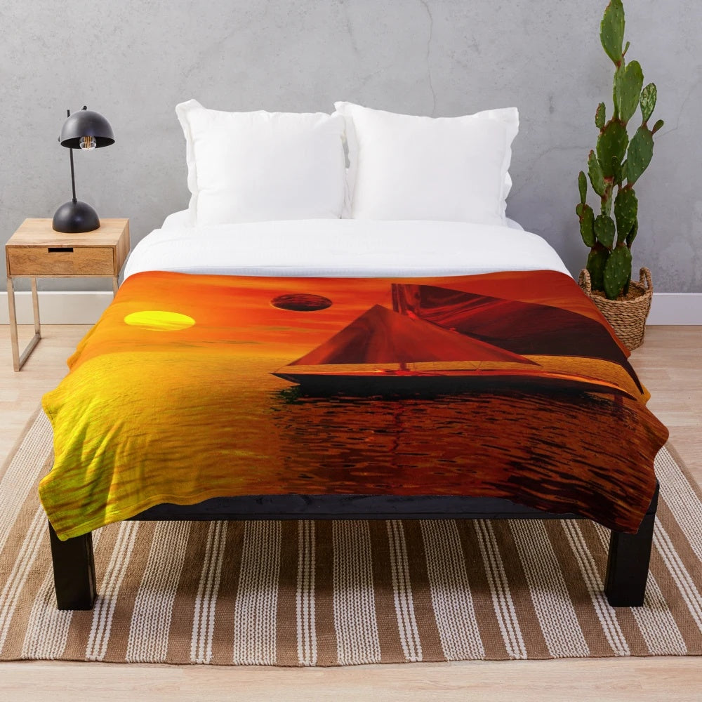Plush blanket featuring a beautiful sunset sailing scene
