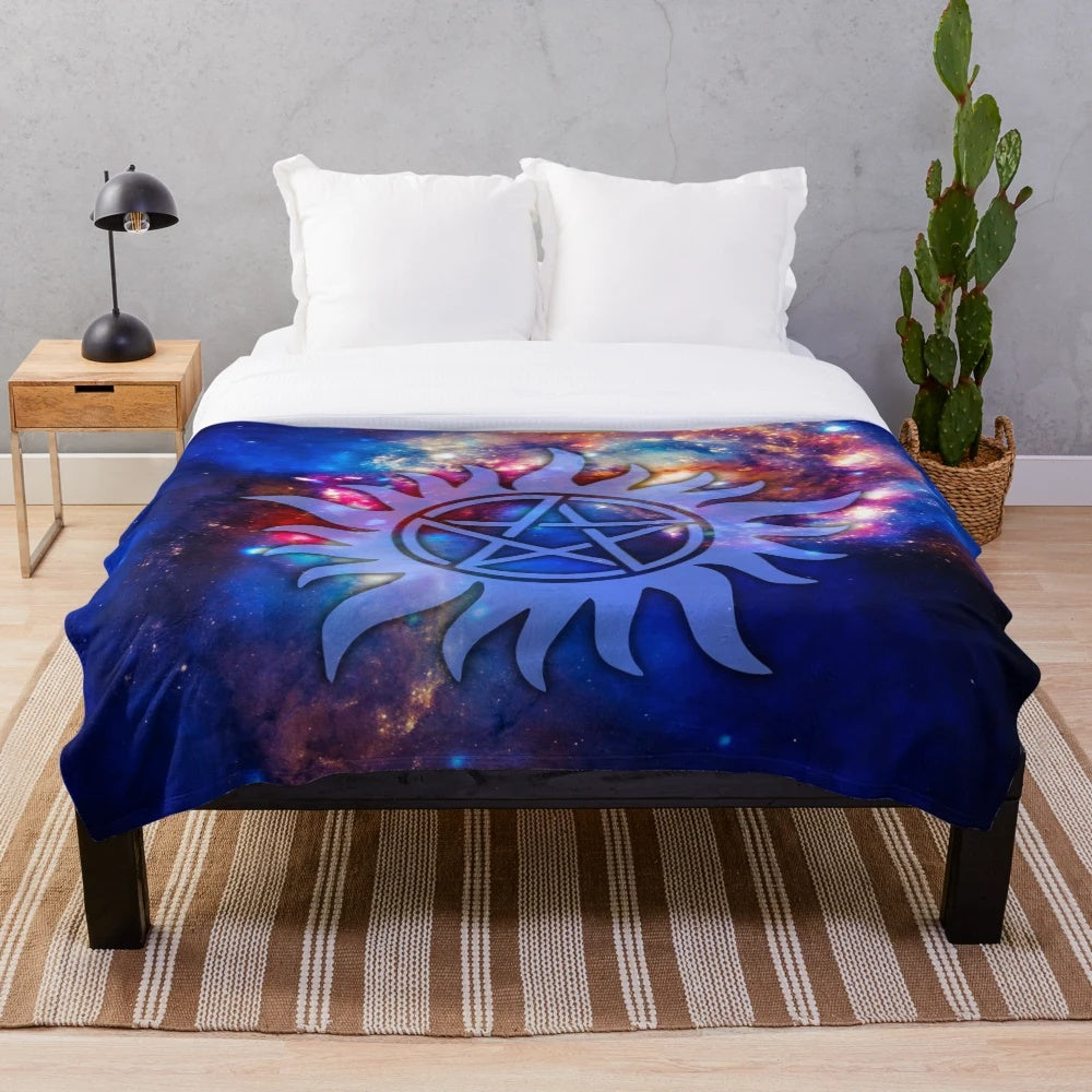 Supernatural Cosmos Plush Blanket featuring a mesmerizing galaxy and occult design