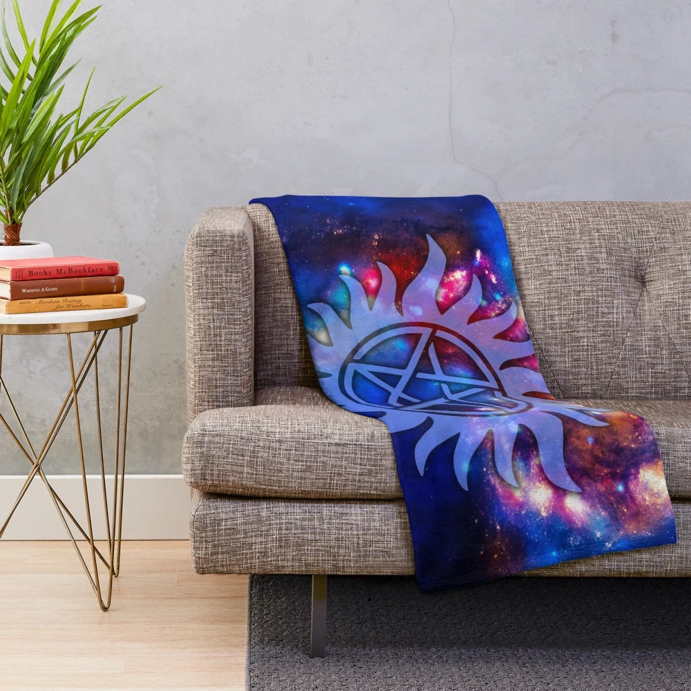 Supernatural Cosmos Plush Blanket featuring a mesmerizing galaxy and occult design