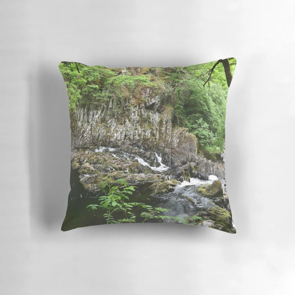 Swallow Falls Pillow showcasing the majestic waterfall in Snowdonia, Wales