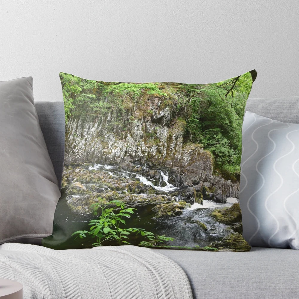 Swallow Falls Pillow showcasing the majestic waterfall in Snowdonia, Wales