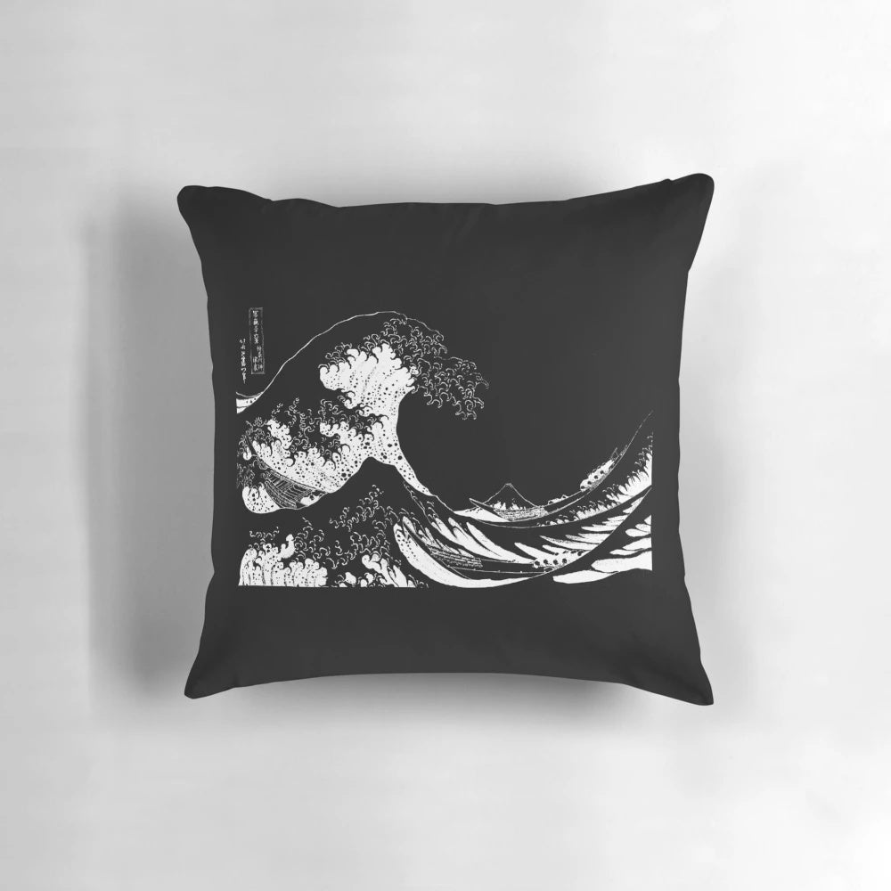 White Pillow featuring the iconic "The Great Wave Off Kanagawa" by the Japanese artist Hokusai