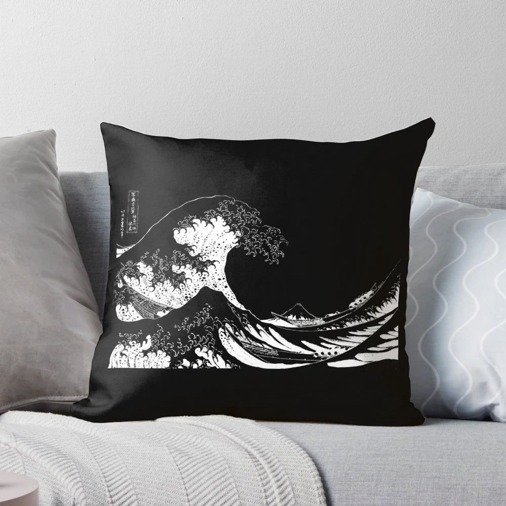 White Pillow featuring the iconic "The Great Wave Off Kanagawa" by the Japanese artist Hokusai