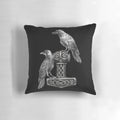 Decorative Pillow Featuring the Iconic Thor Hammer Mjolnir and Odin's Ravens Hugin and Munin