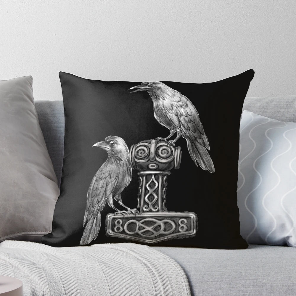 Decorative Pillow Featuring the Iconic Thor Hammer Mjolnir and Odin's Ravens Hugin and Munin