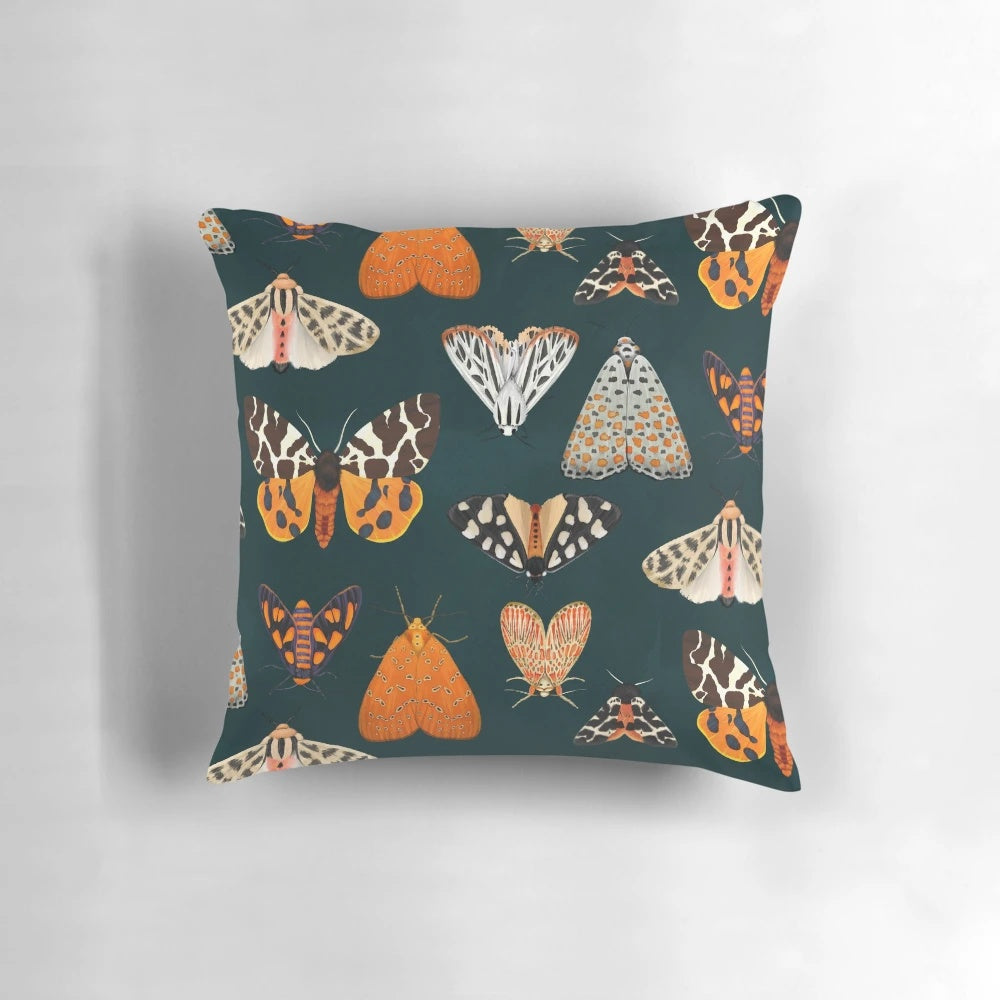 Decorative pillow featuring a close-up photograph of a beautiful tiger moth