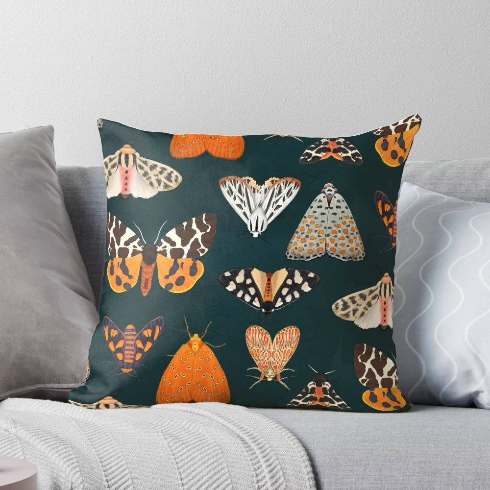 Decorative pillow featuring a close-up photograph of a beautiful tiger moth