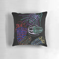 Colorful hand-drawn illustration of trilobite fossils from the Silurian and Devonian eras on a decorative pillow