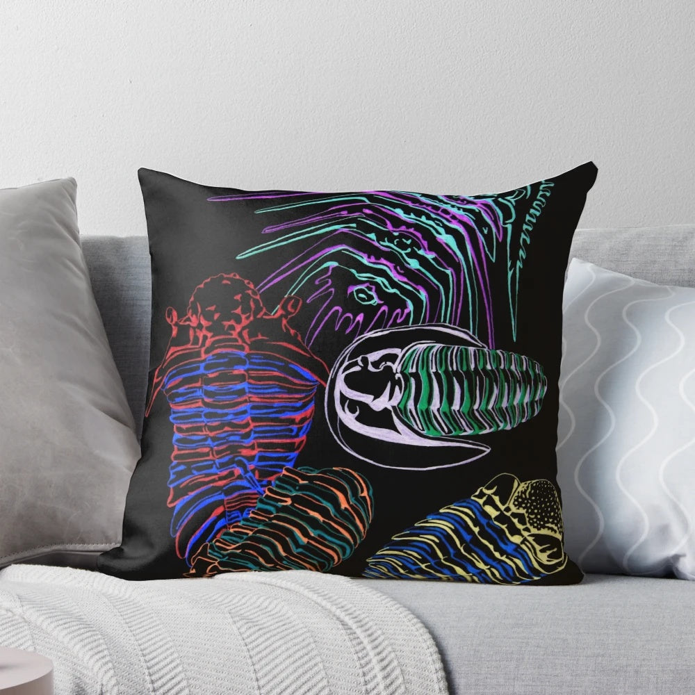 Colorful hand-drawn illustration of trilobite fossils from the Silurian and Devonian eras on a decorative pillow