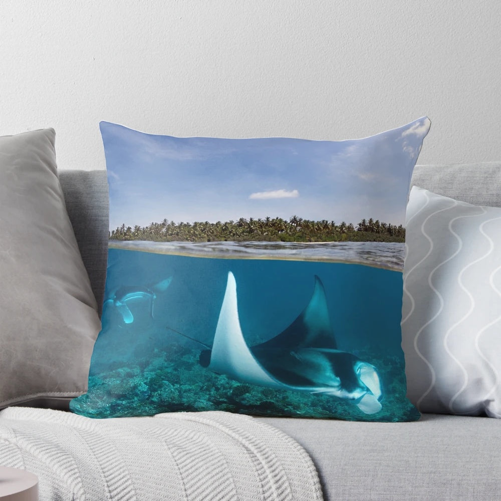 Two Worlds Pillow with Maldives Ocean and Ray Design