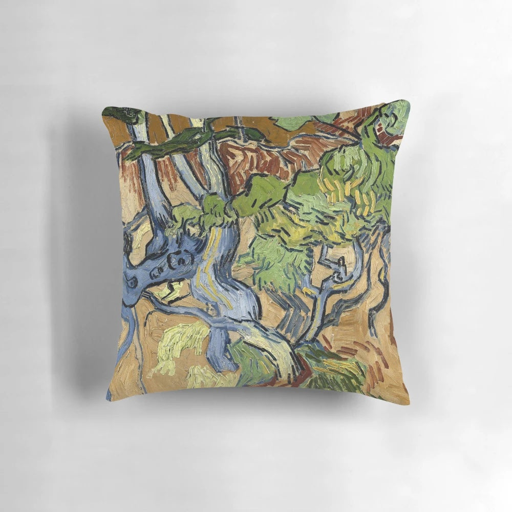 Vibrant throw pillow featuring Vincent van Gogh's iconic Tree Roots painting, showcasing a bouquet of colorful flowers.
