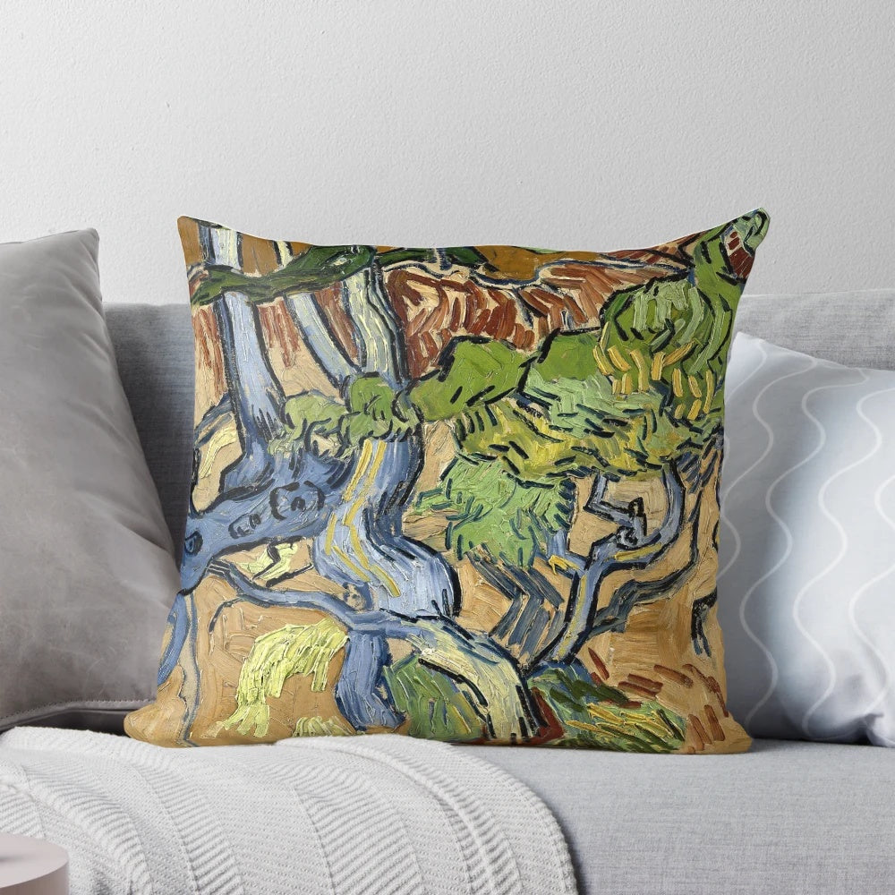 Vibrant throw pillow featuring Vincent van Gogh's iconic Tree Roots painting, showcasing a bouquet of colorful flowers.