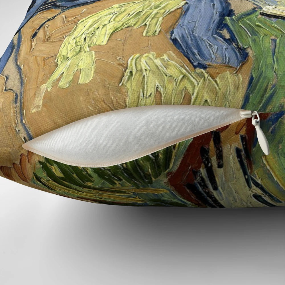 Vibrant throw pillow featuring Vincent van Gogh's iconic Tree Roots painting, showcasing a bouquet of colorful flowers.