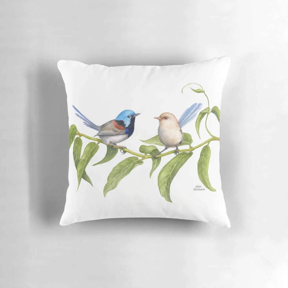 Vibrant pillow featuring a Variegated Fairy-Wren, a stunning native Australian bird.