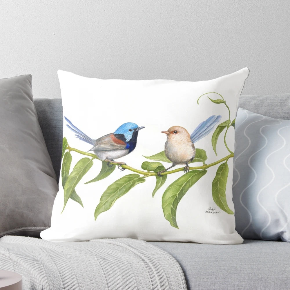 Vibrant pillow featuring a Variegated Fairy-Wren, a stunning native Australian bird.