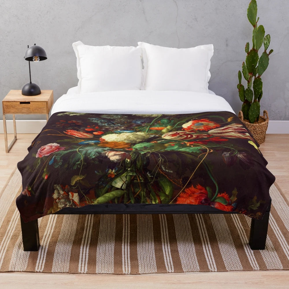 Plush blanket featuring the iconic "Vase of Flowers" painting by Dutch artist Jan Davidsz. de Heem