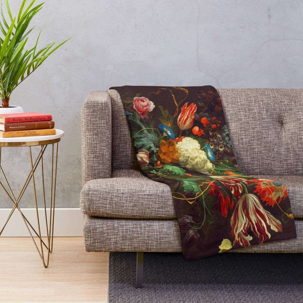Plush blanket featuring the iconic "Vase of Flowers" painting by Dutch artist Jan Davidsz. de Heem