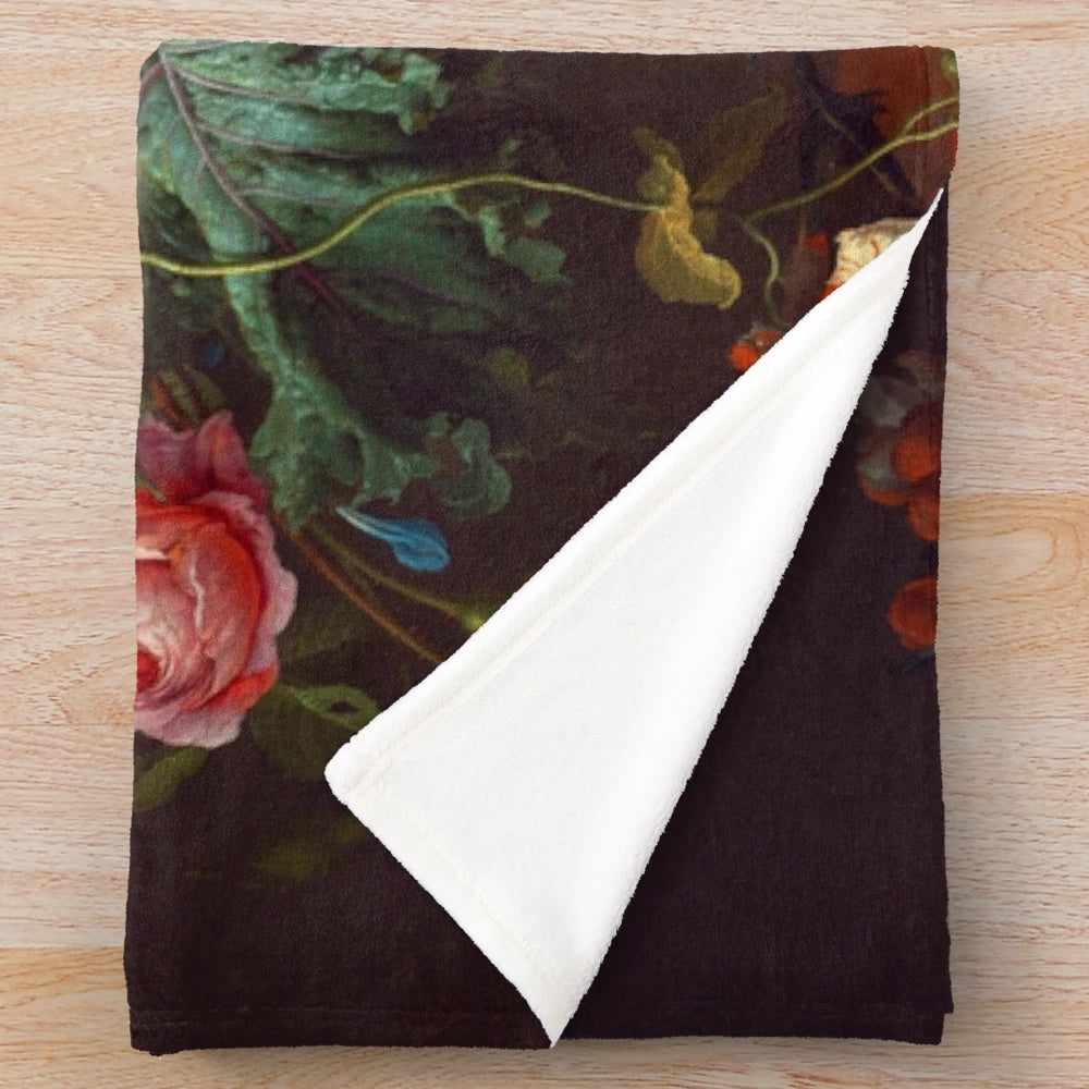 Plush blanket featuring the iconic "Vase of Flowers" painting by Dutch artist Jan Davidsz. de Heem