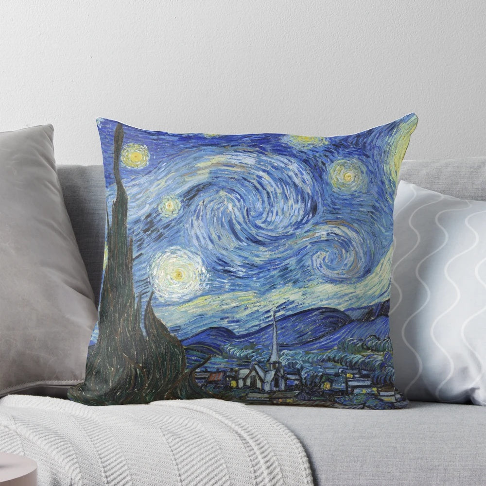 Throw pillow featuring the iconic Starry Night painting by Vincent Van Gogh