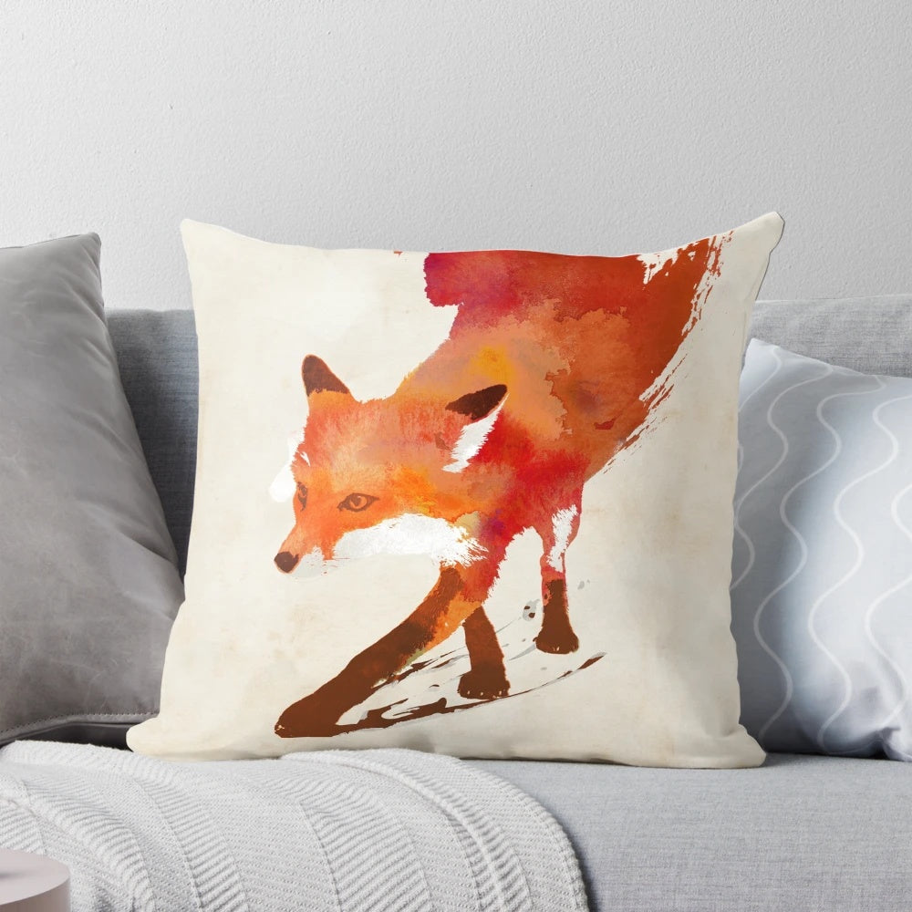 A beautiful watercolor illustration of a red fox (Vulpes vulpes) printed on a high-quality pillow for nature-inspired home decor.