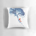 A decorative pillow featuring a beautiful watercolor painting of a fox in a tree against a blue and red sky background.