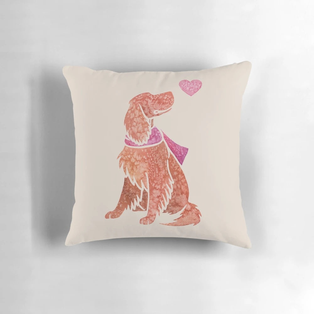 Watercolor painting of a beautiful red Irish Setter dog on a decorative throw pillow