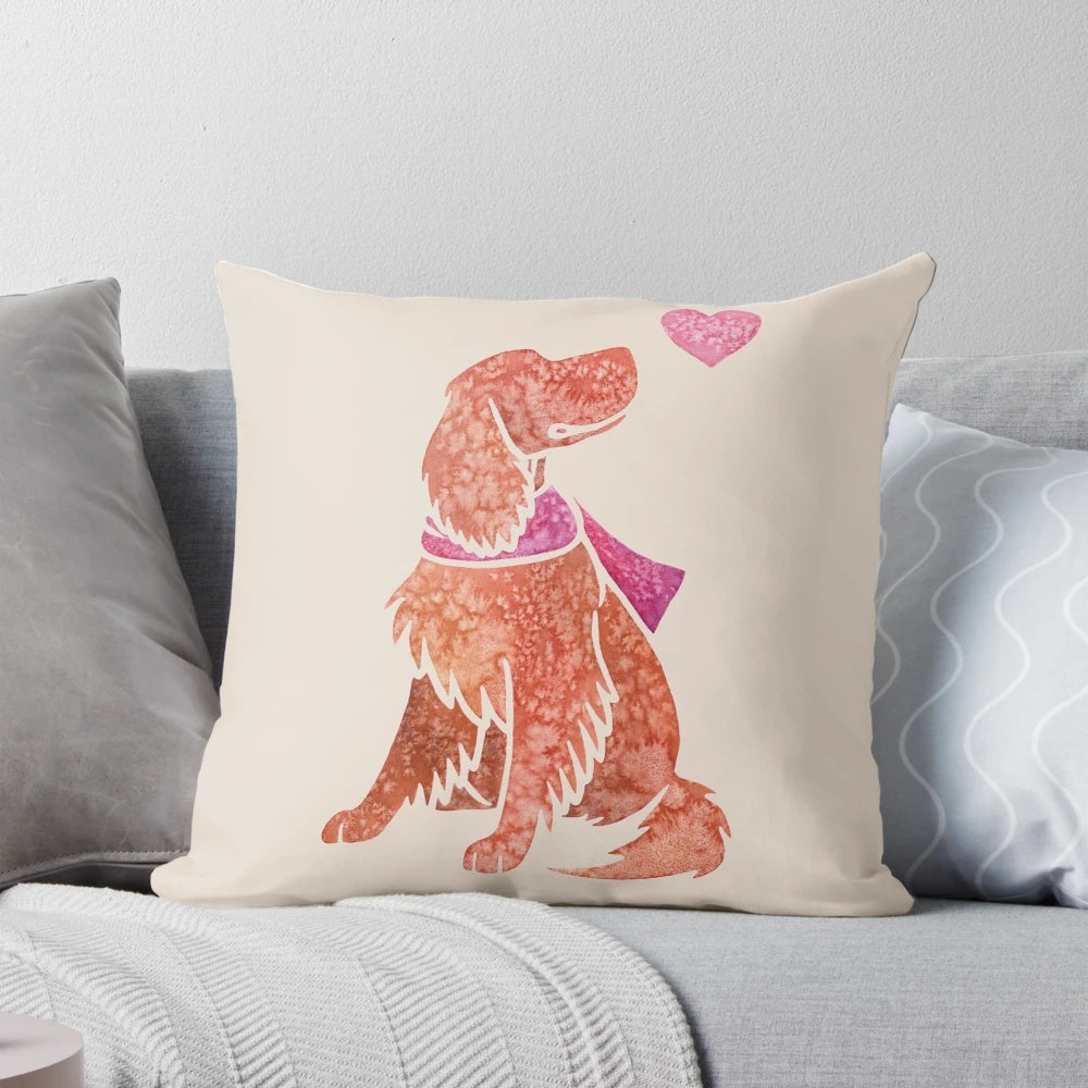 Watercolor painting of a beautiful red Irish Setter dog on a decorative throw pillow