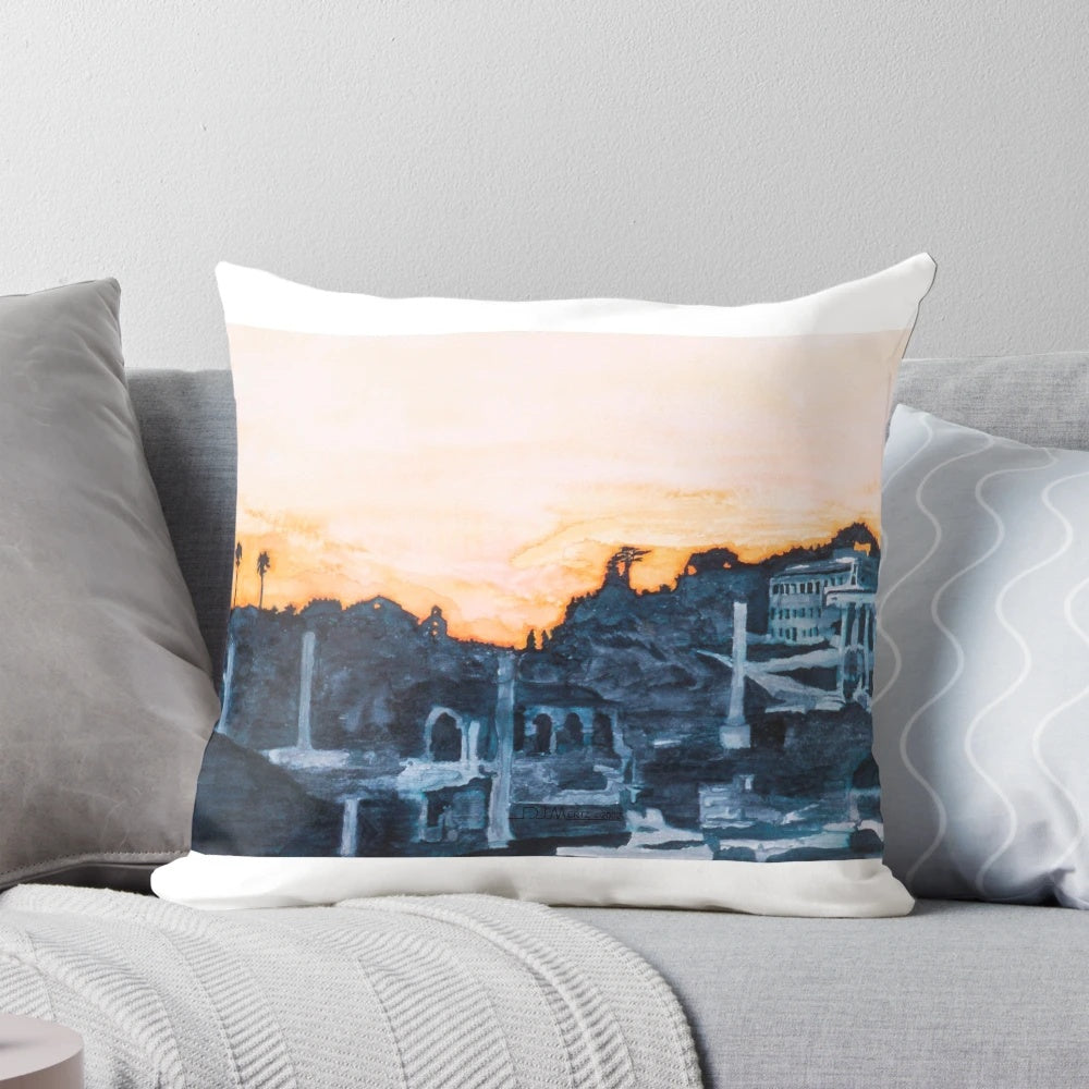 Breathtaking watercolor painting of the sunset over the historic ruins of the Roman Forum in Rome, Italy