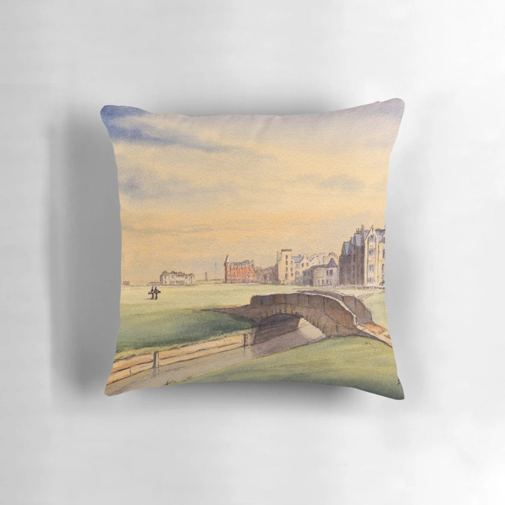 Watercolor painting of a scenic 18th hole golf course in Scotland with a bridge in the foreground