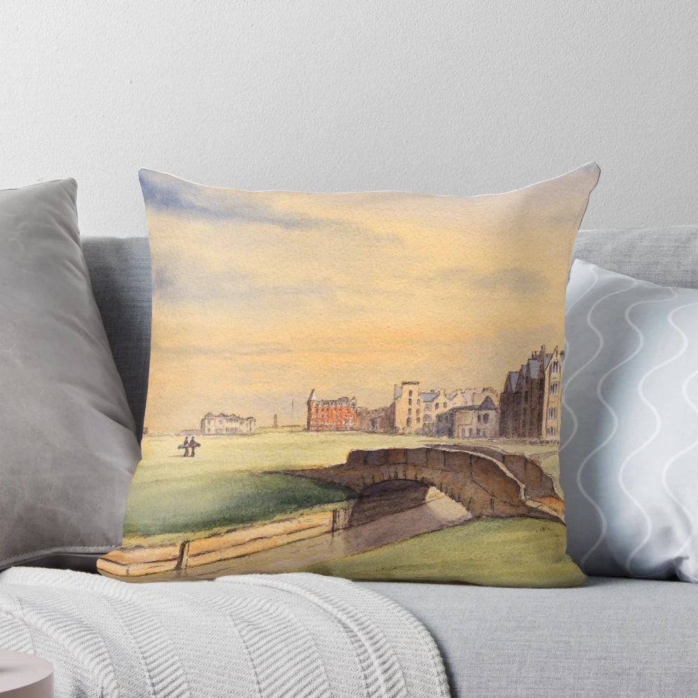 Watercolor painting of a scenic 18th hole golf course in Scotland with a bridge in the foreground