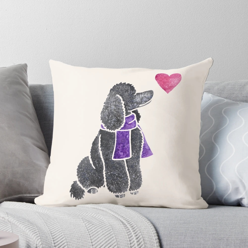 Watercolor painting of a poodle on a throw pillow