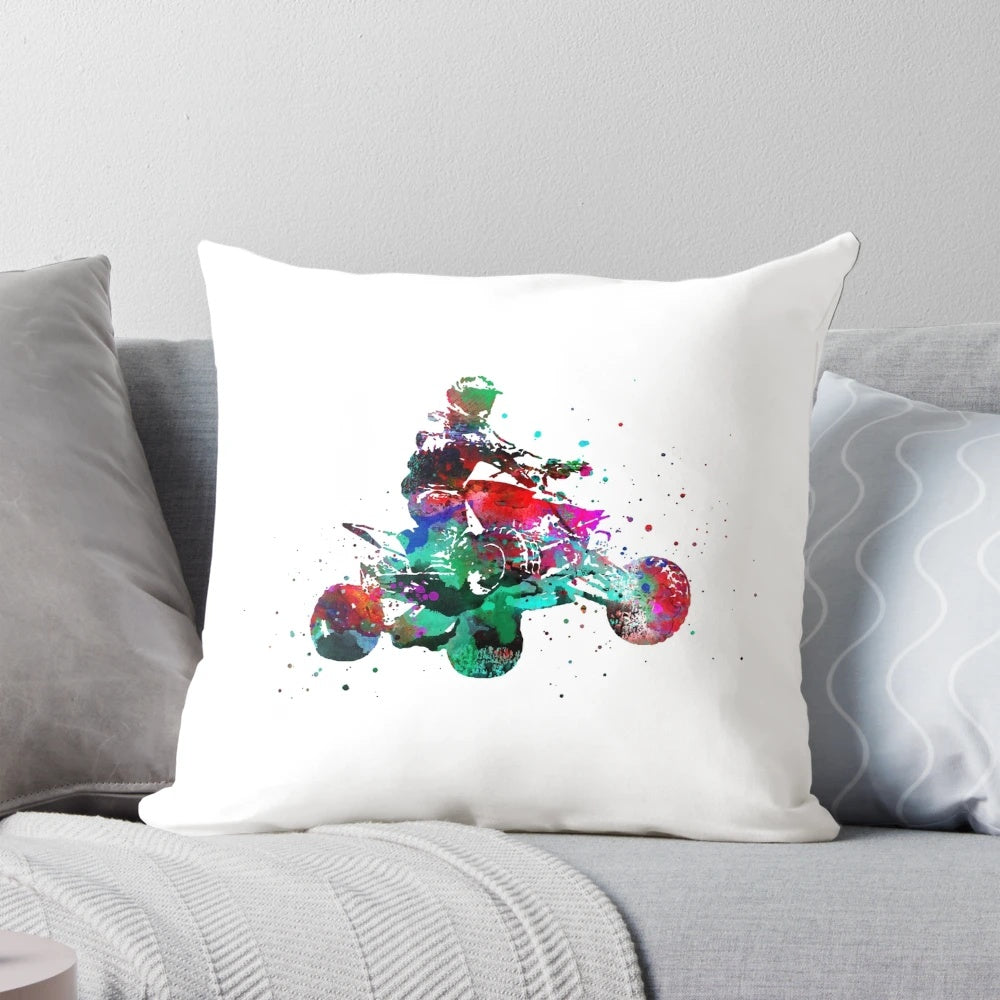 A vibrant, watercolor-style image of a quad bike racing through a rugged, outdoor environment, printed on a soft, comfortable pillow.