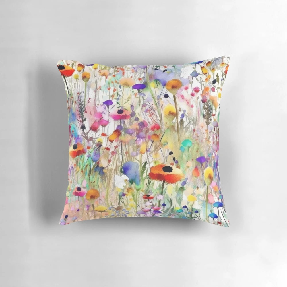 Vibrant watercolor painting of a lush wildflower meadow on a decorative pillow