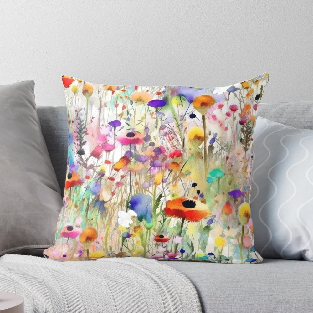 Vibrant watercolor painting of a lush wildflower meadow on a decorative pillow