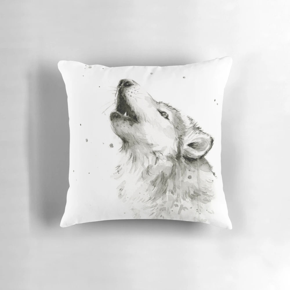 Watercolor painting of a wolf howling against an abstract black and white background