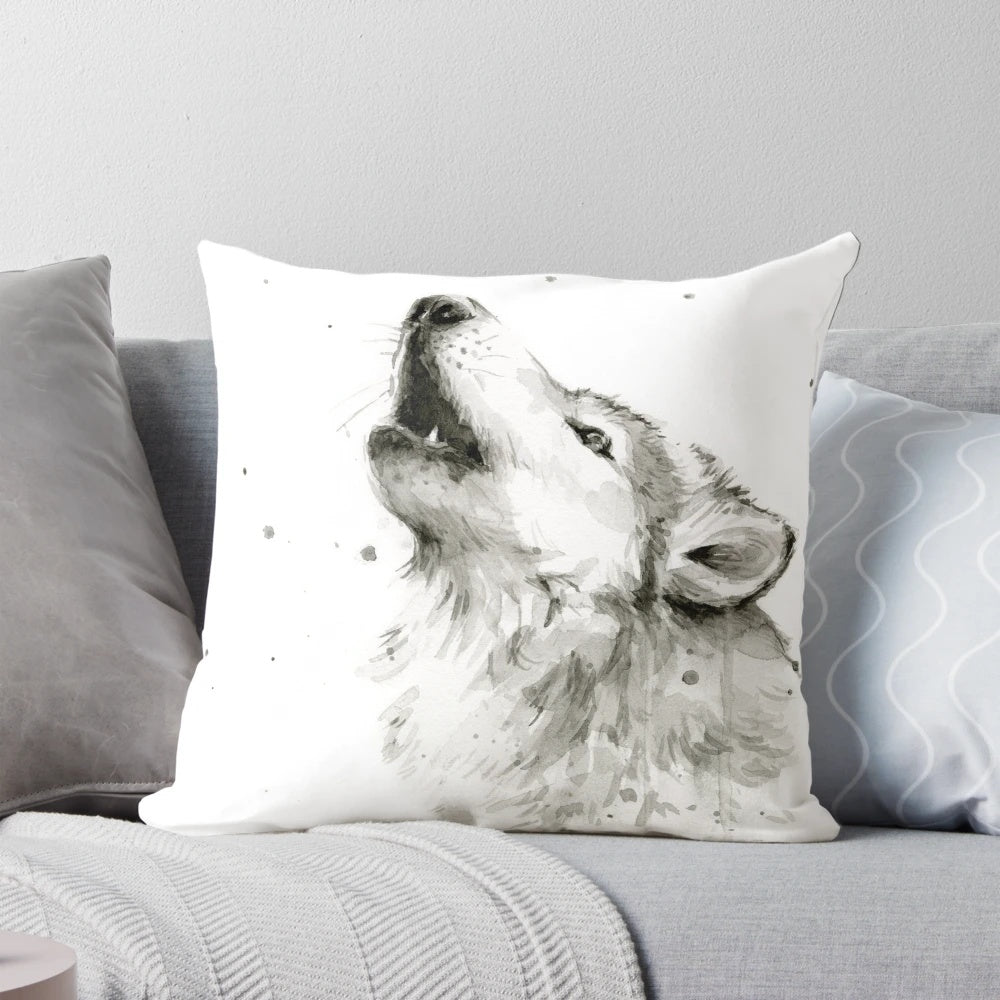 Watercolor painting of a wolf howling against an abstract black and white background