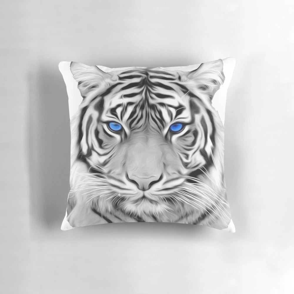 Closeup of a beautiful white tiger with striking blue eyes