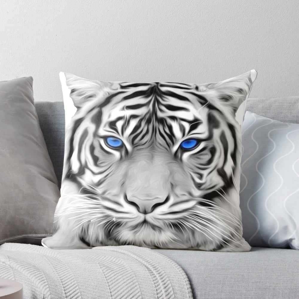 Closeup of a beautiful white tiger with striking blue eyes