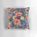 A vibrant, watercolor-style pillow featuring a bouquet of wild flowers in shades of pink, purple, and green.