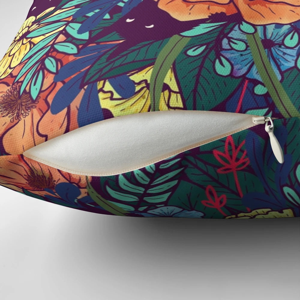 A vibrant, watercolor-style pillow featuring a bouquet of wild flowers in shades of pink, purple, and green.