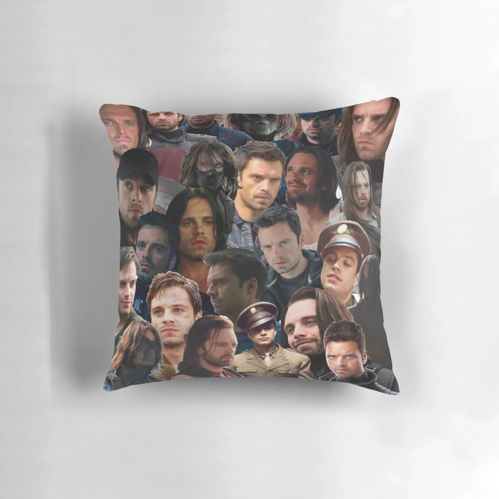 Cozy winter soldier-themed photo collage pillow featuring iconic Marvel character