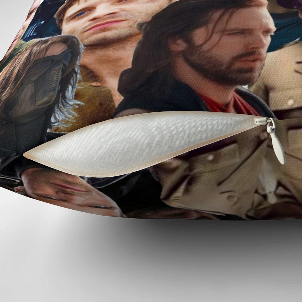 Cozy winter soldier-themed photo collage pillow featuring iconic Marvel character