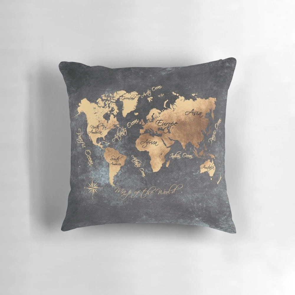 Decorative world map pillow in gold and black, featuring a detailed cartographic design for the ultimate traveler's home accessory.
